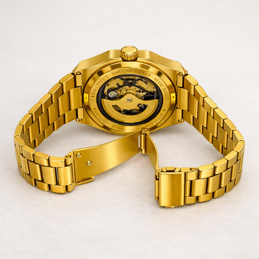 Relógio automático Veleno Imperium Gold com mostrador dourado e pulseira de couro, design elegante e sofisticado.