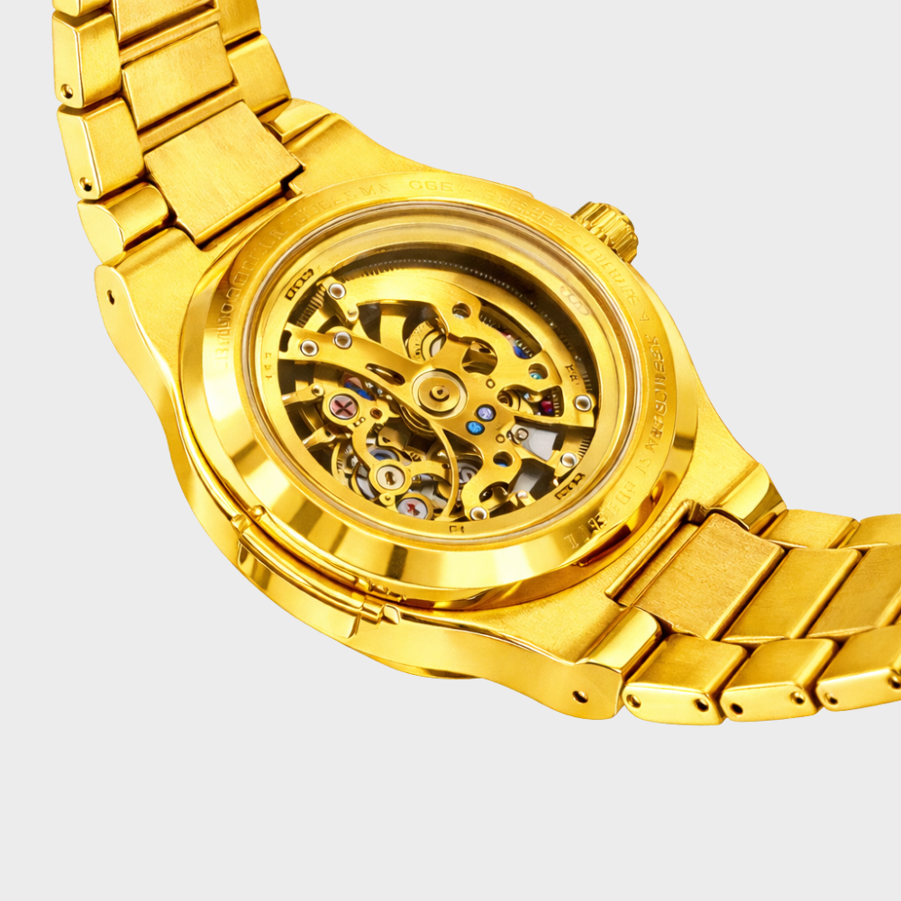 Relógio automático Veleno Aurum Gold com mostrador dourado e pulseira de couro preta, estilo elegante e sofisticado.