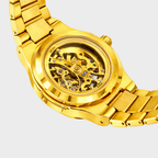 Relógio automático Veleno Aurum Gold com mostrador dourado e pulseira de couro preta, estilo elegante e sofisticado.