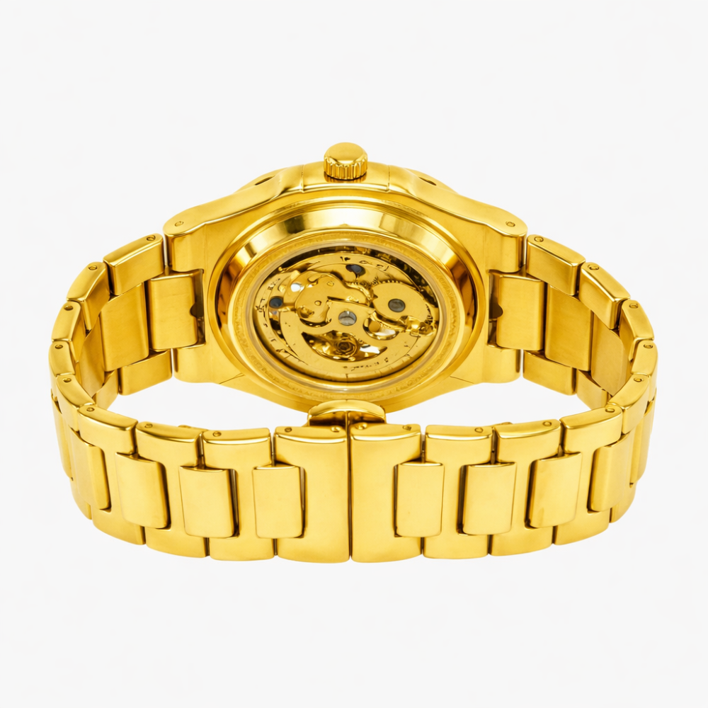 Relógio automático Veleno Aurum Gold com mostrador dourado e pulseira de couro preto, estilo clássico e elegante.