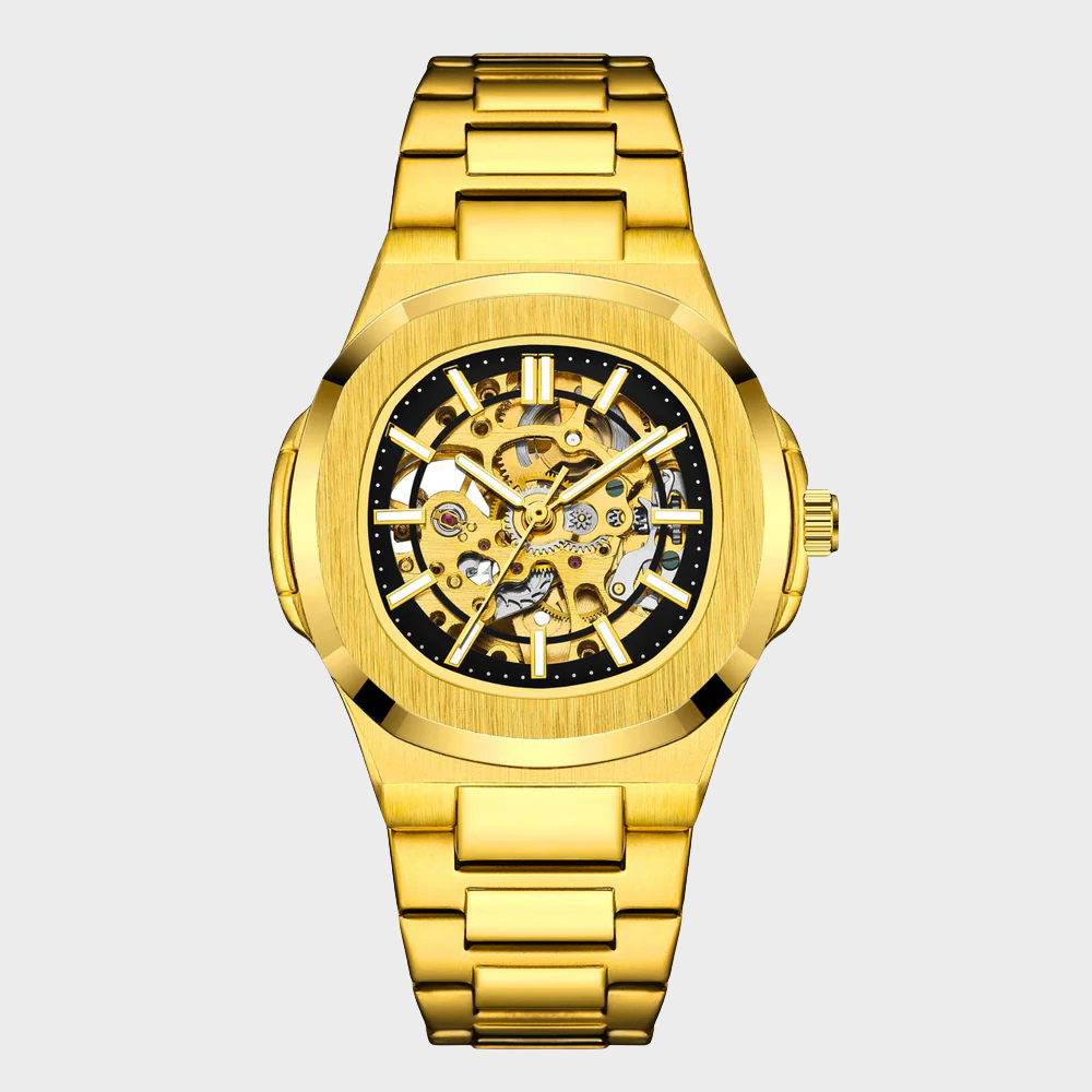 Relógio automático Veleno Aurum Gold com pulseira de couro marrom e mostrador dourado, exibindo detalhes elegantes.