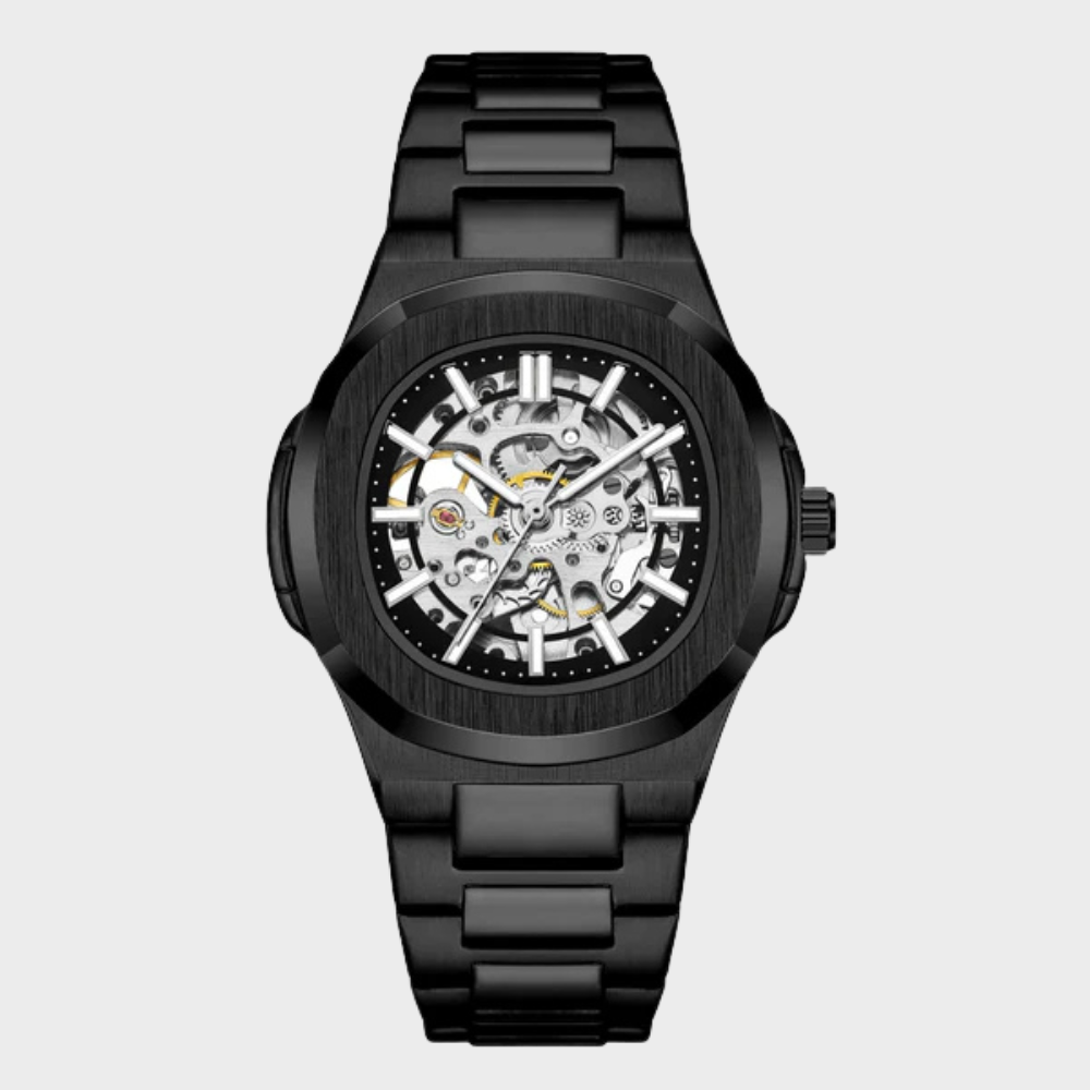 Relógio automático Veleno Noctis Black com mostrador preto e pulseira de couro, estilo elegante e moderno.