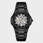 Relógio automático Veleno Noctis Black com mostrador preto e pulseira de couro, estilo elegante e moderno.