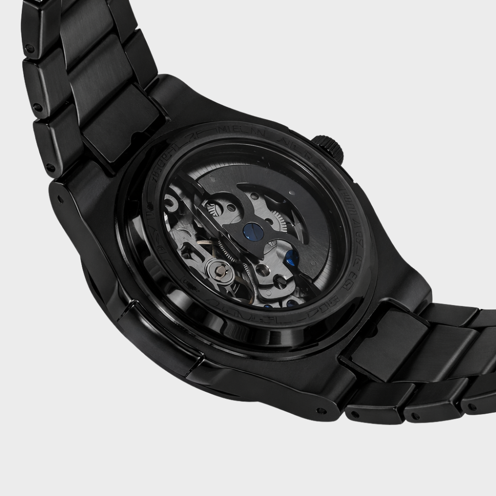 Relógio automático Veleno Noctis Black com mostrador preto e pulseira de couro, estilo sofisticado e elegante.