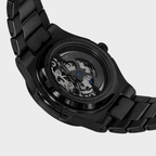 Relógio automático Veleno Noctis Black com mostrador preto e pulseira de couro, estilo sofisticado e elegante.