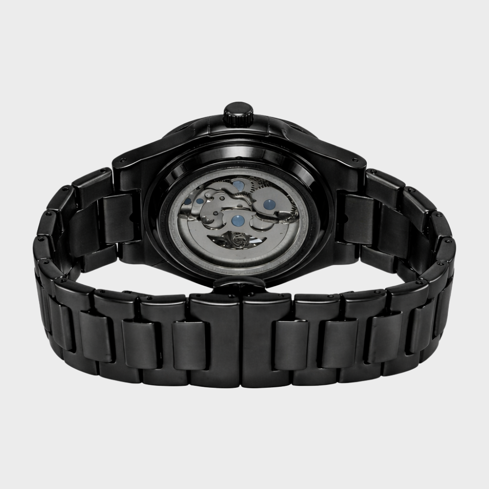 Relógio automático Veleno Noctis Black com mostrador preto e pulseira de aço inoxidável, estilo moderno e elegante.