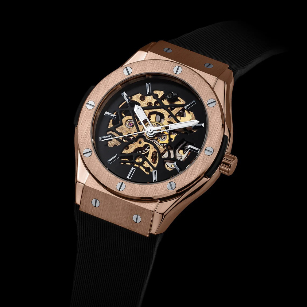 VELENO ROSSIUM - Relógio skeleton rose gold com detalhes dourados no fundo preto