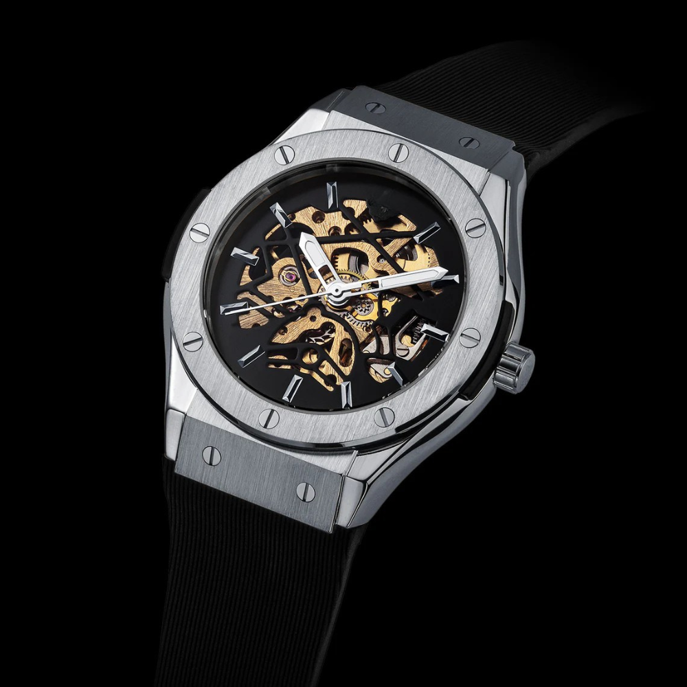 Relógio automático Veleno Titan Silver com mostrador prateado e pulseira de aço inoxidável, estilo elegante e moderno.