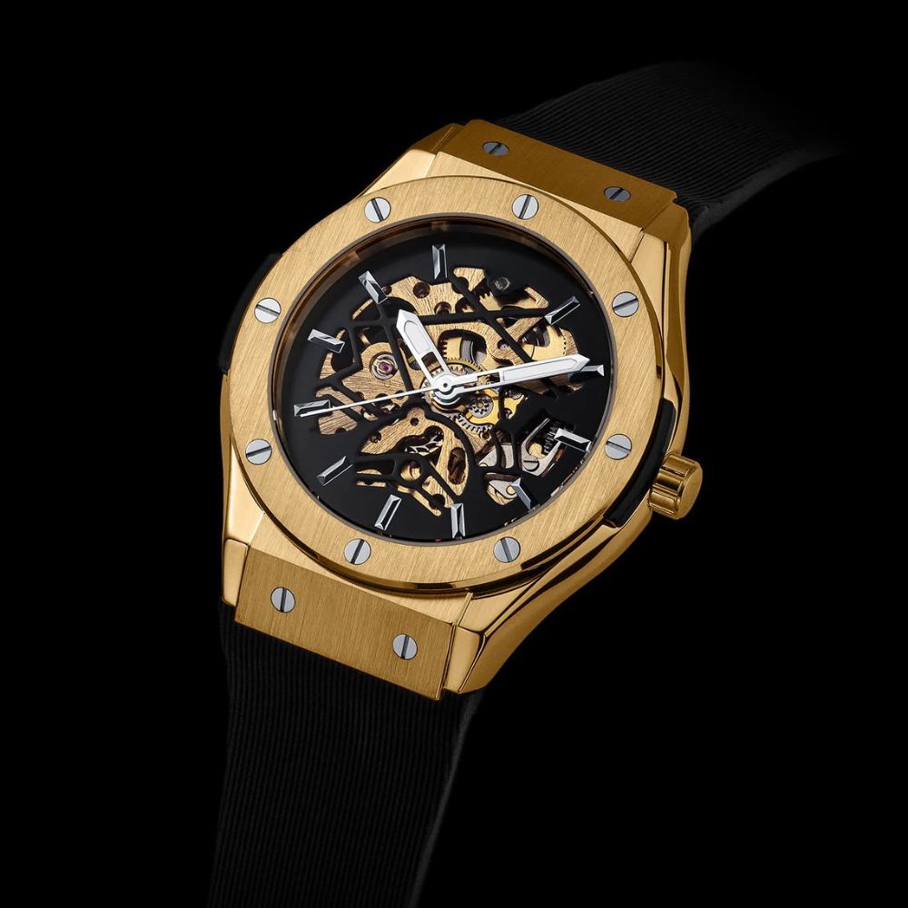 VELENO AURION - Relógio skeleton gold com detalhes dourados no fundo preto