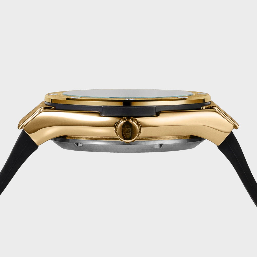 VELENO AURION - Vista lateral mostrando coroa e caixa gold 44mm em aço inoxidável