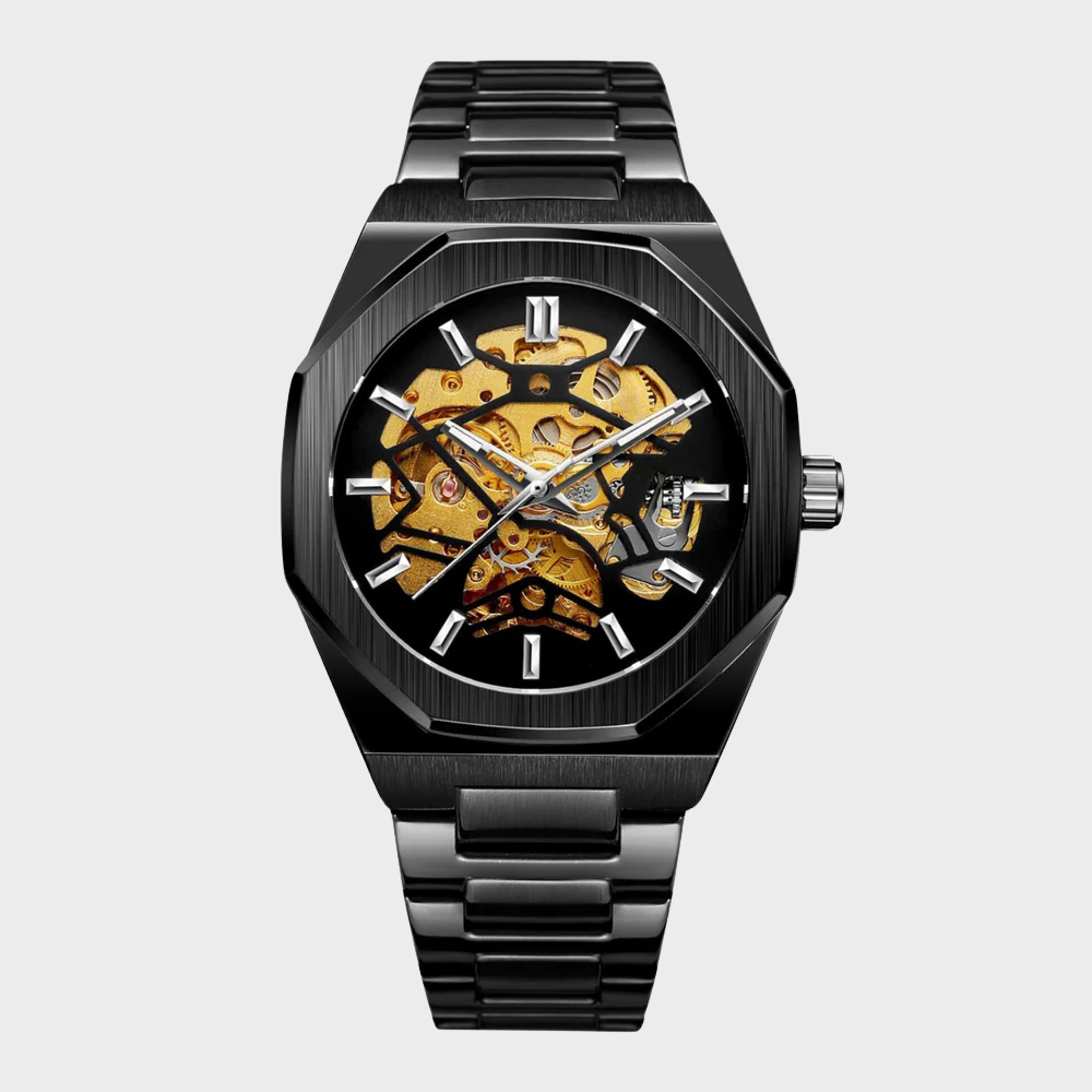 Relógio automático Veleno Watches Veleno Obsidian Black com mostrador preto e pulseira de aço inoxidável preta.