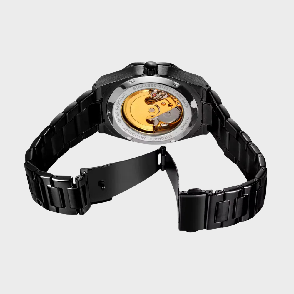 Relógio automático Veleno Watches Veleno Obsidian Black com mostrador preto e pulseira de aço preto, estilo elegante e moderno.