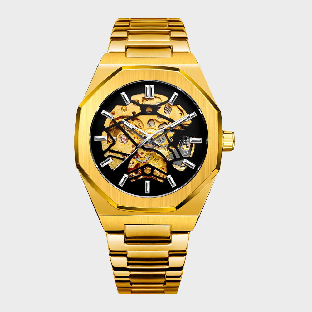 Relógio automático Veleno Imperium Gold com caixa dourada e mostrador elegante, detalhes refinados e pulseira de couro.