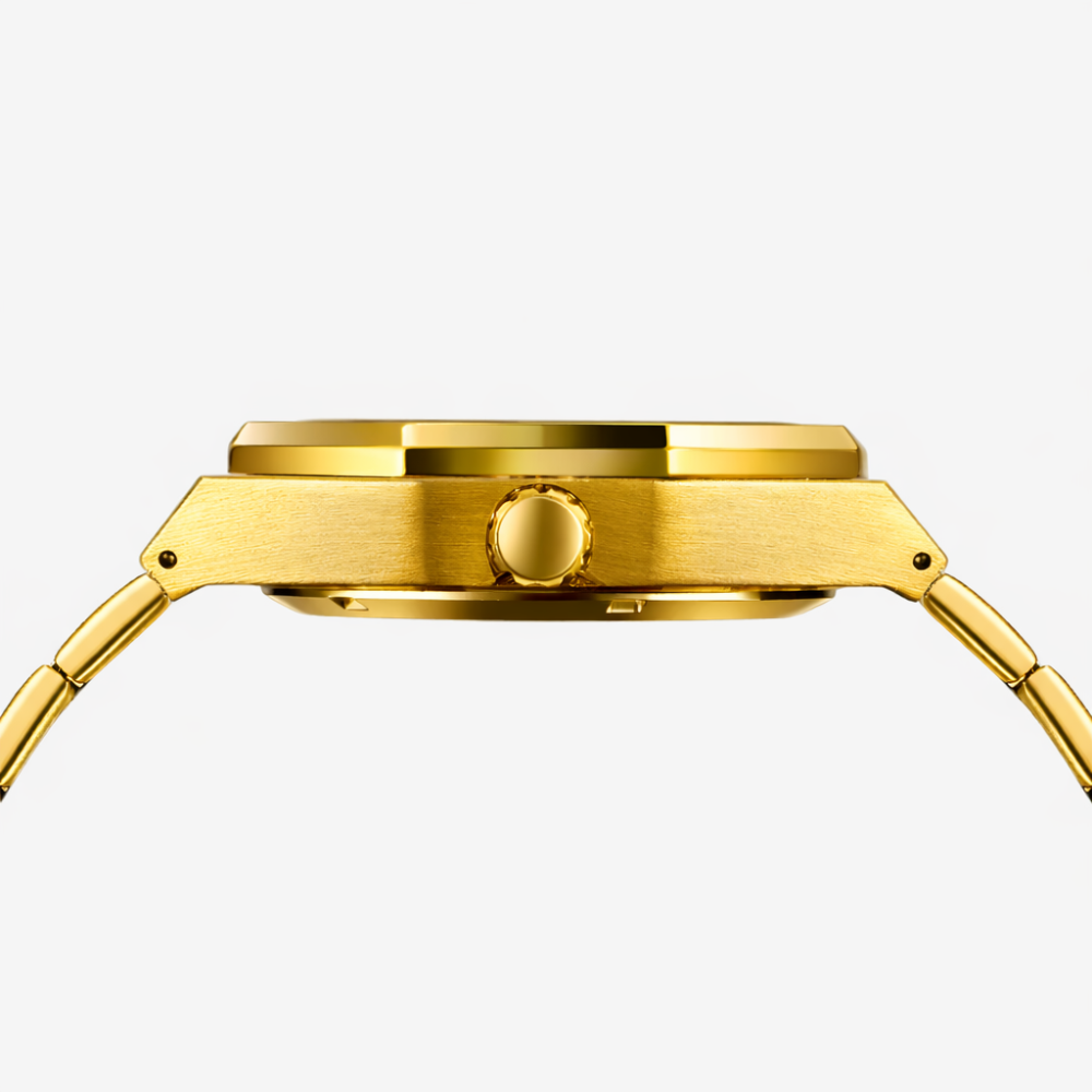 Relógio automático Veleno Imperium Gold com mostrador dourado e pulseira de metal, estilo sofisticado e elegante.
