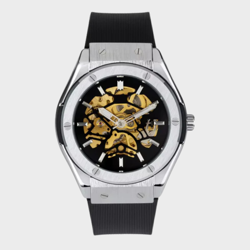 Relógio automático Veleno Titan Silver com pulseira de aço inox, mostrador prateado e design elegante.