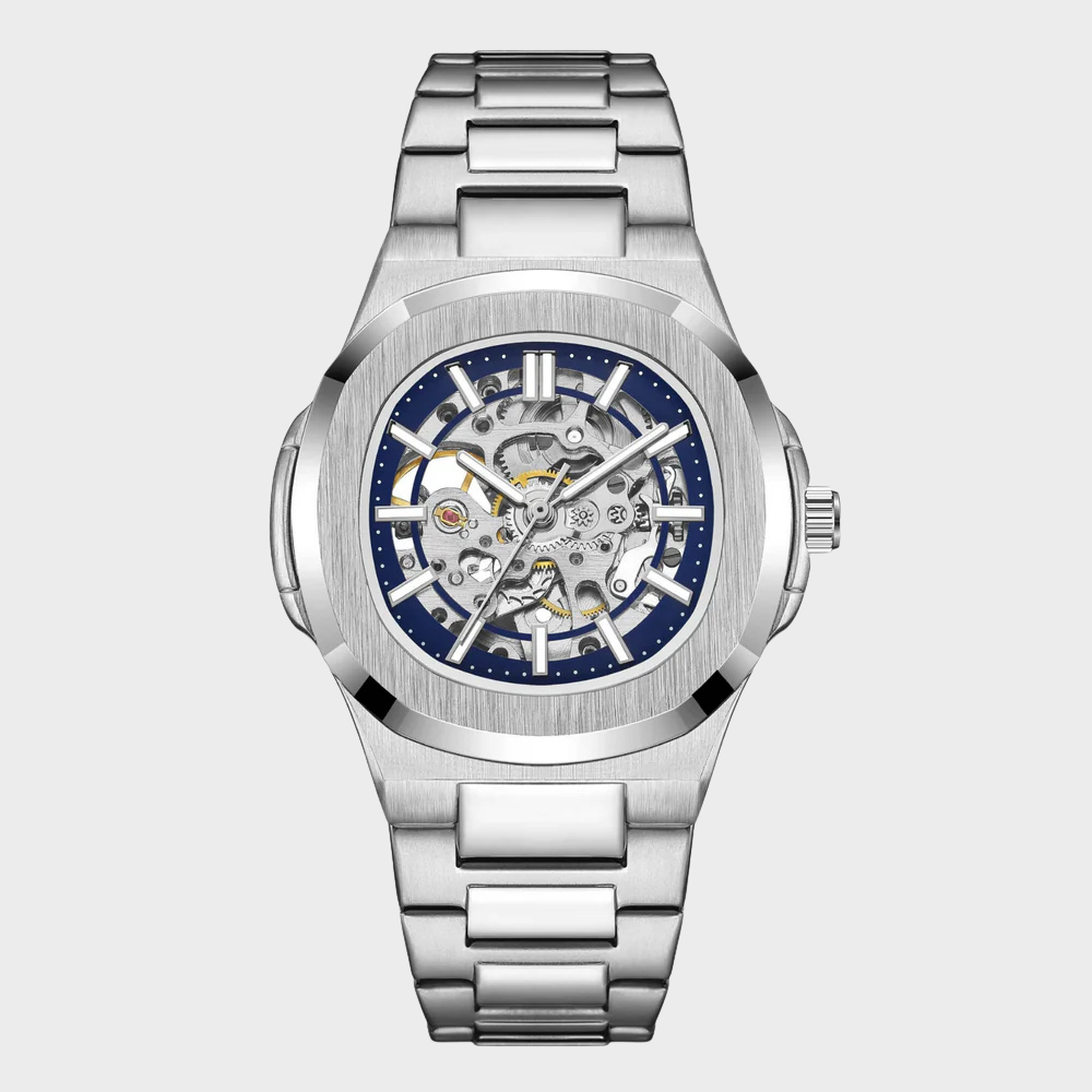 Relógio automático Veleno Aeris Silver com mostrador prateado e pulseira de aço inoxidável, estilo elegante e moderno.