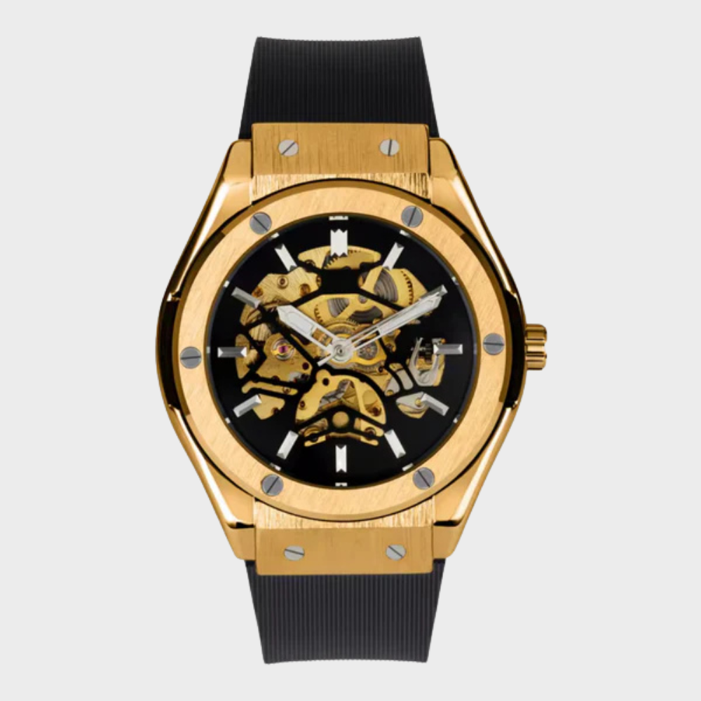 Relógio VELENO AURION - Caixa Gold, Pulseira Preta, Movimento Automático Skeleton
