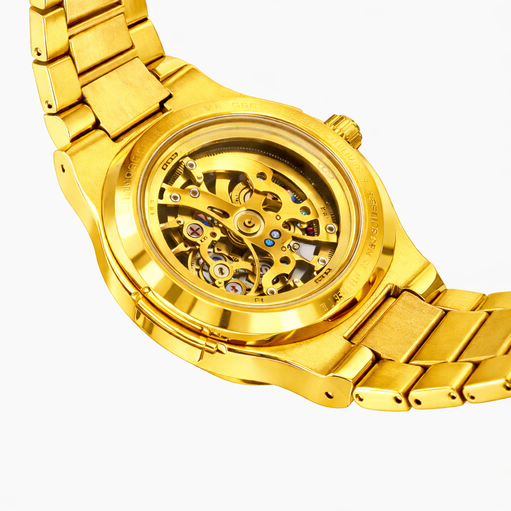 Relógio automático Veleno Aeris Silver com movimento mecânico dourado, detalhe do mostrador e ponteiros elegantes.