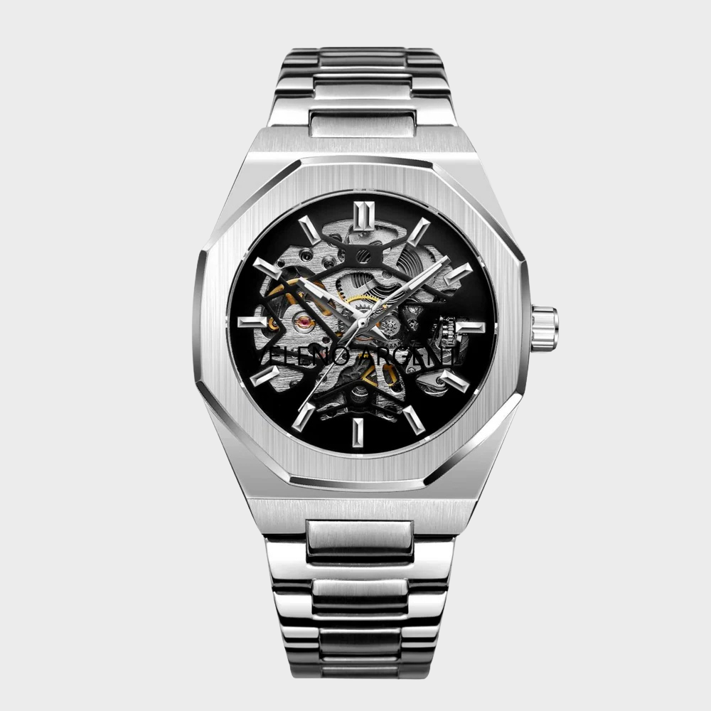 Relógio automático Veleno Argento Silver com pulseira de aço inox, mostrador prateado e detalhes elegantes.