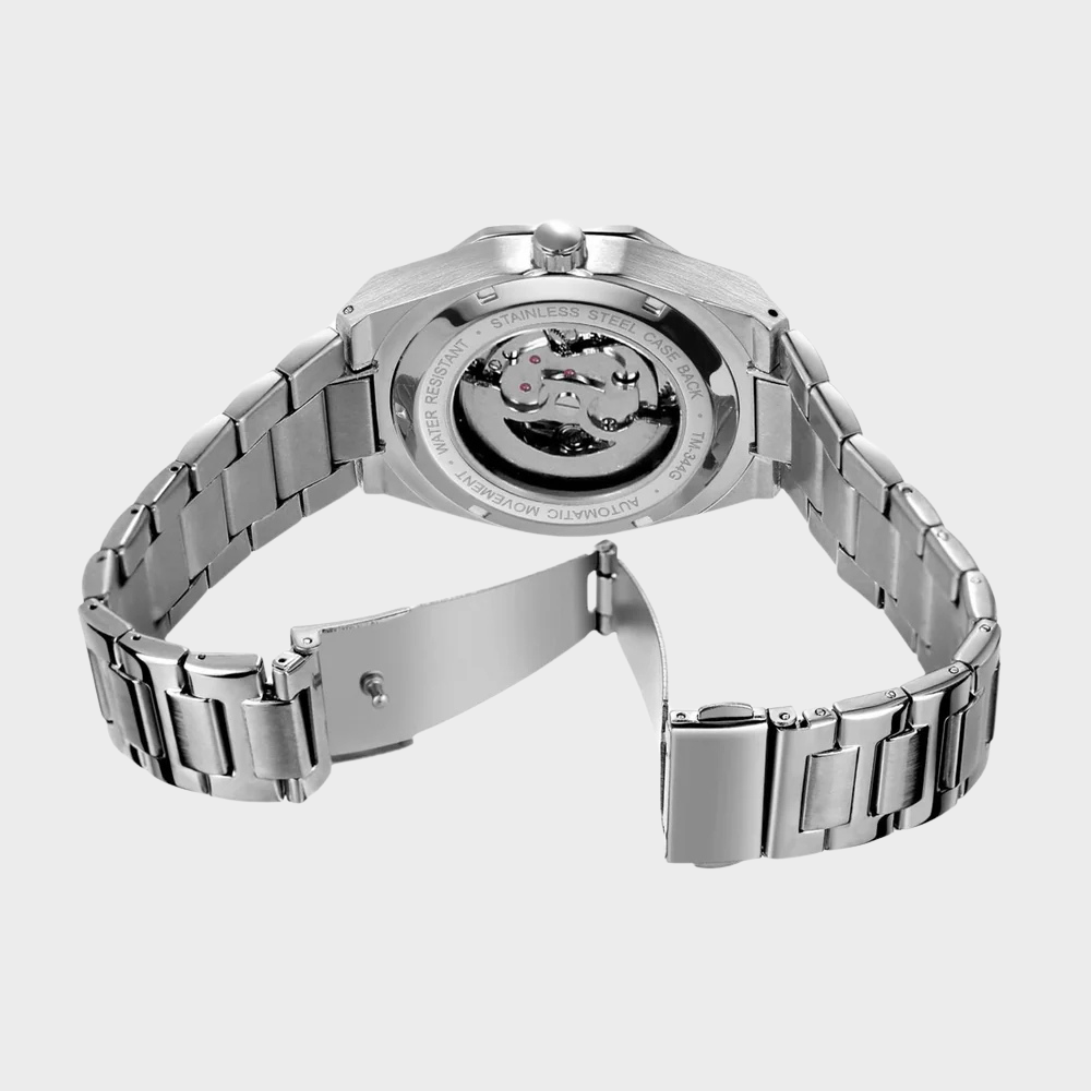 Relógio automático Veleno Argento Silver com pulseira de aço inoxidável e mostrador prateado.